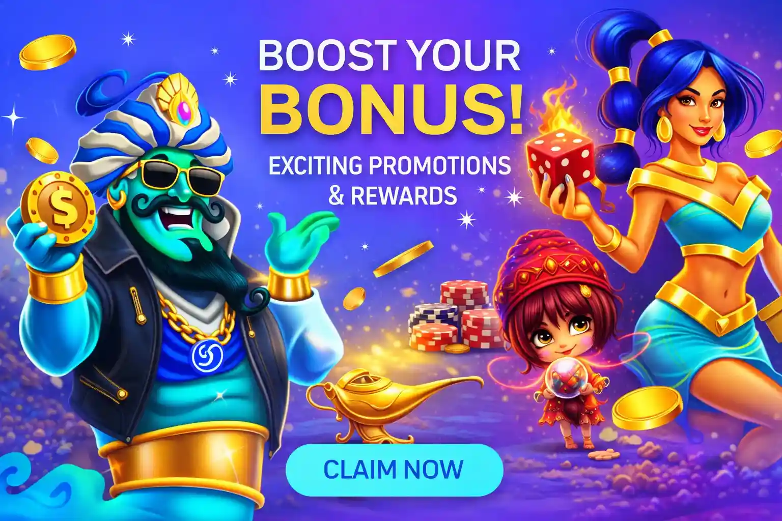 Bonus Rewards Offer Genie and princess promoting casino bonuses, rewards and special promotions with gold coins
