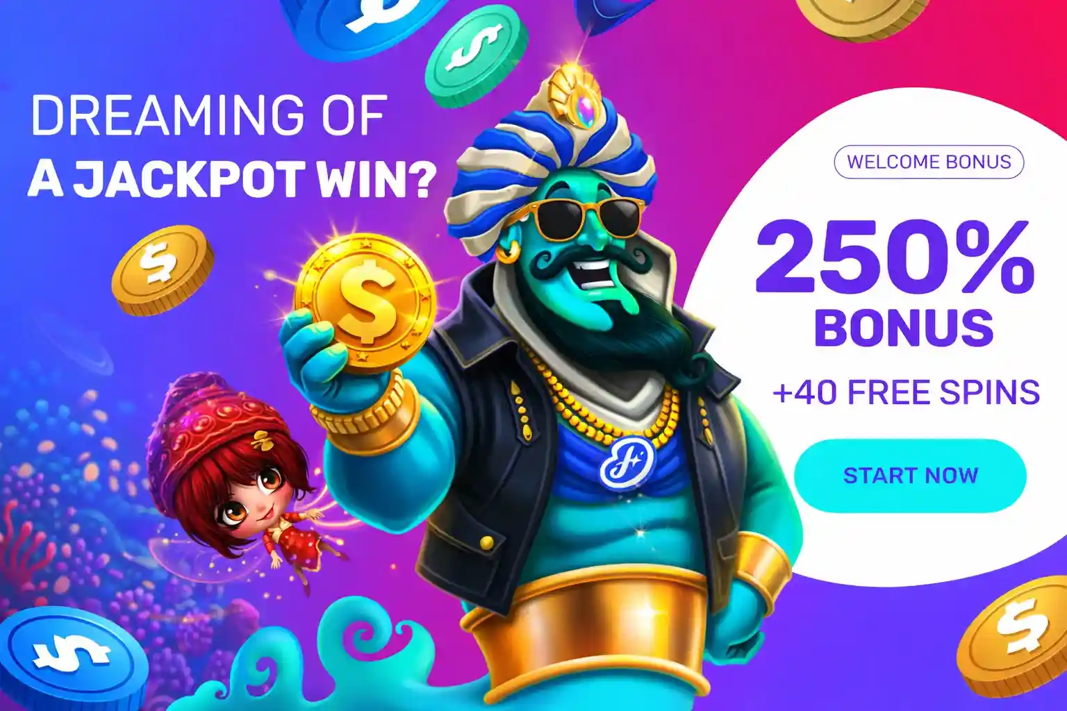 Jackpot Welcome Bonus Colorful genie mascot holding gold coin promoting Yabby Casino jackpot bonus in Canada