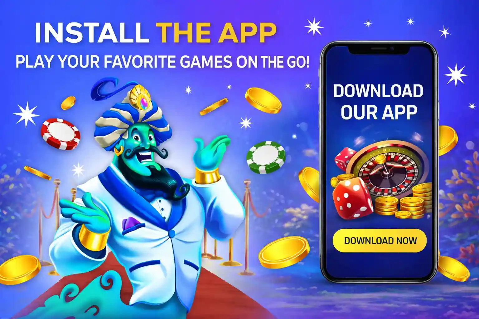 Mobile App Download Genie character presenting Yabby Casino mobile app download screen with coins and chips