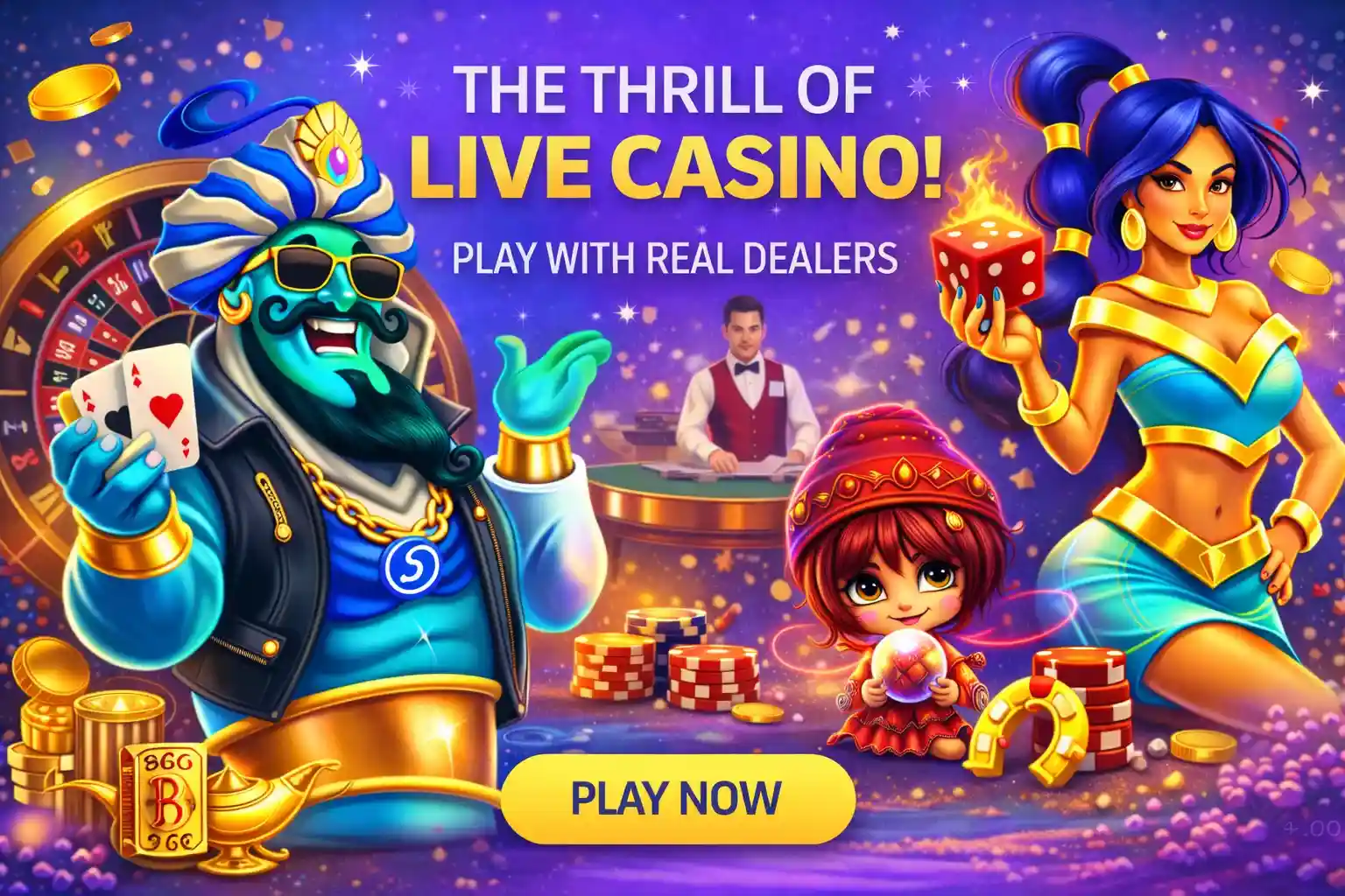 Genie character advertising instant casino games with flying coins and fantasy background