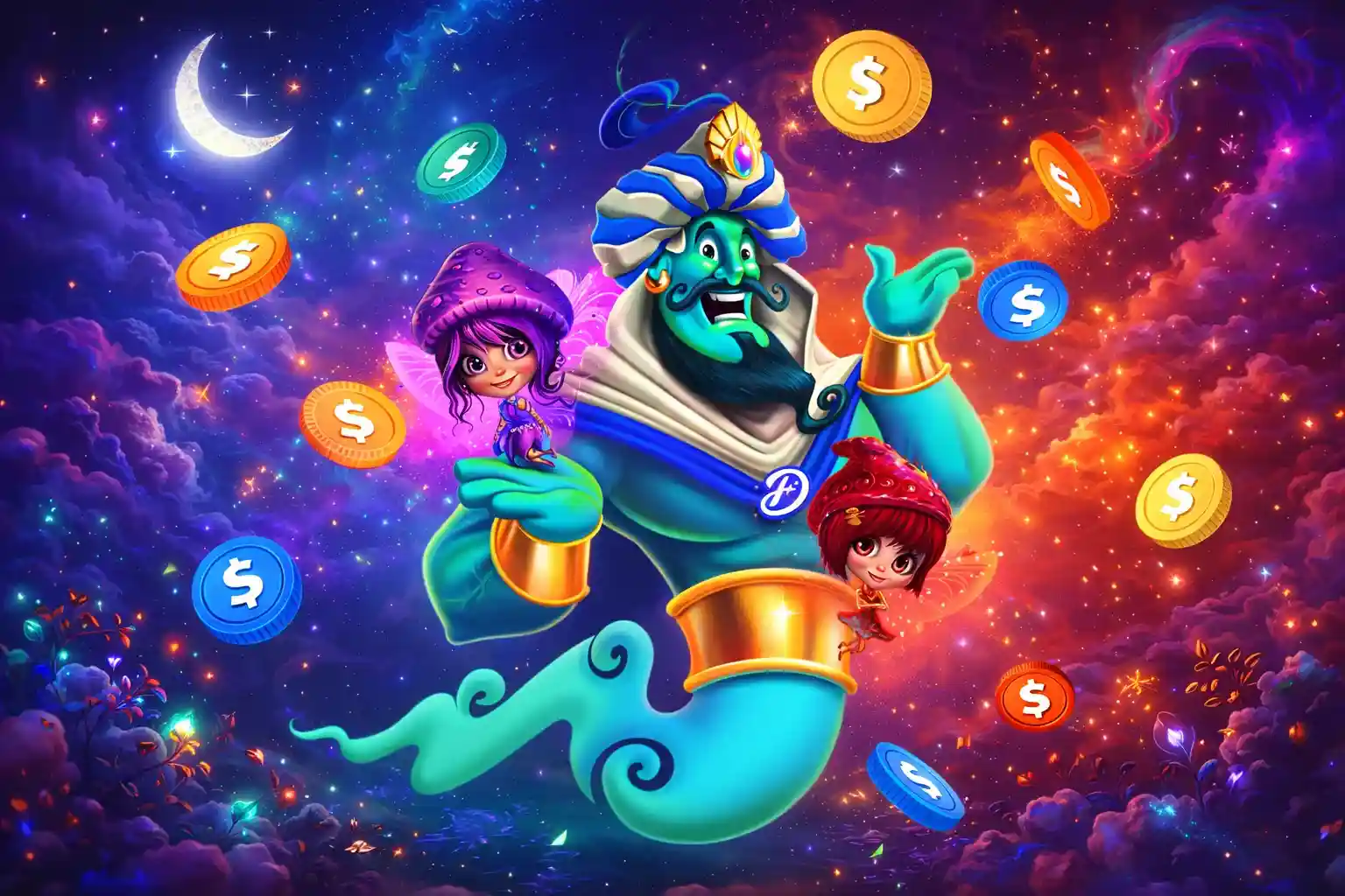 Genie and princess advertising live casino with real dealers, roulette and playing cards