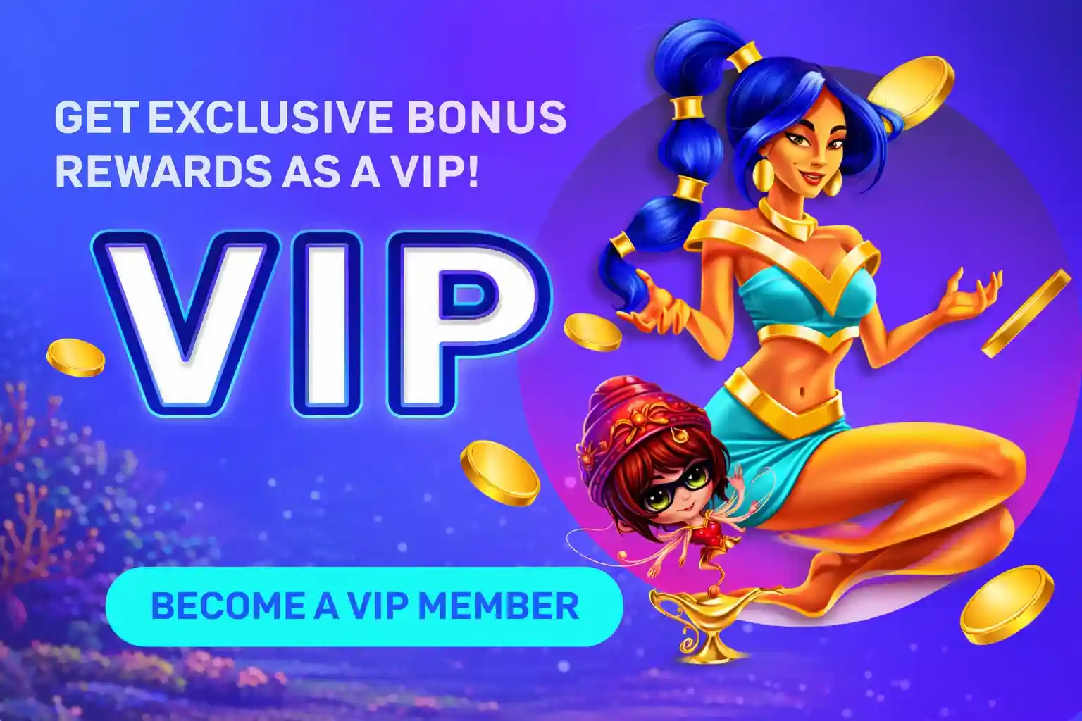 VIP Mobile Rewards VIP genie and princess promoting exclusive mobile casino rewards and membership benefits