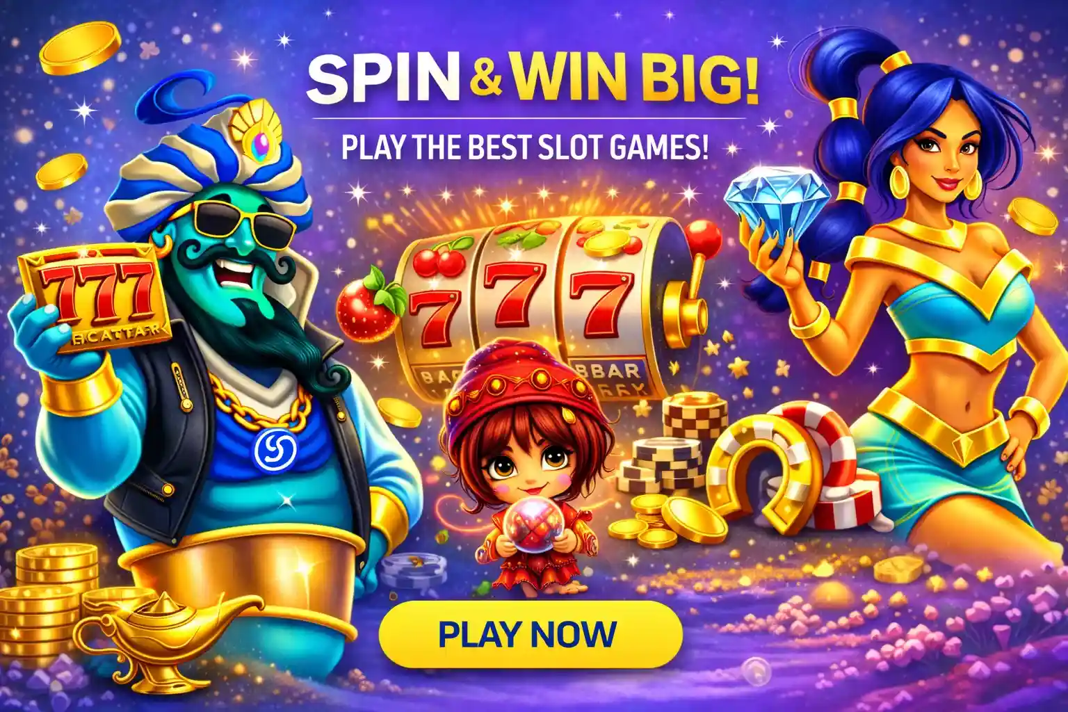Genie and princess characters promoting slot games with lucky sevens and gold coins