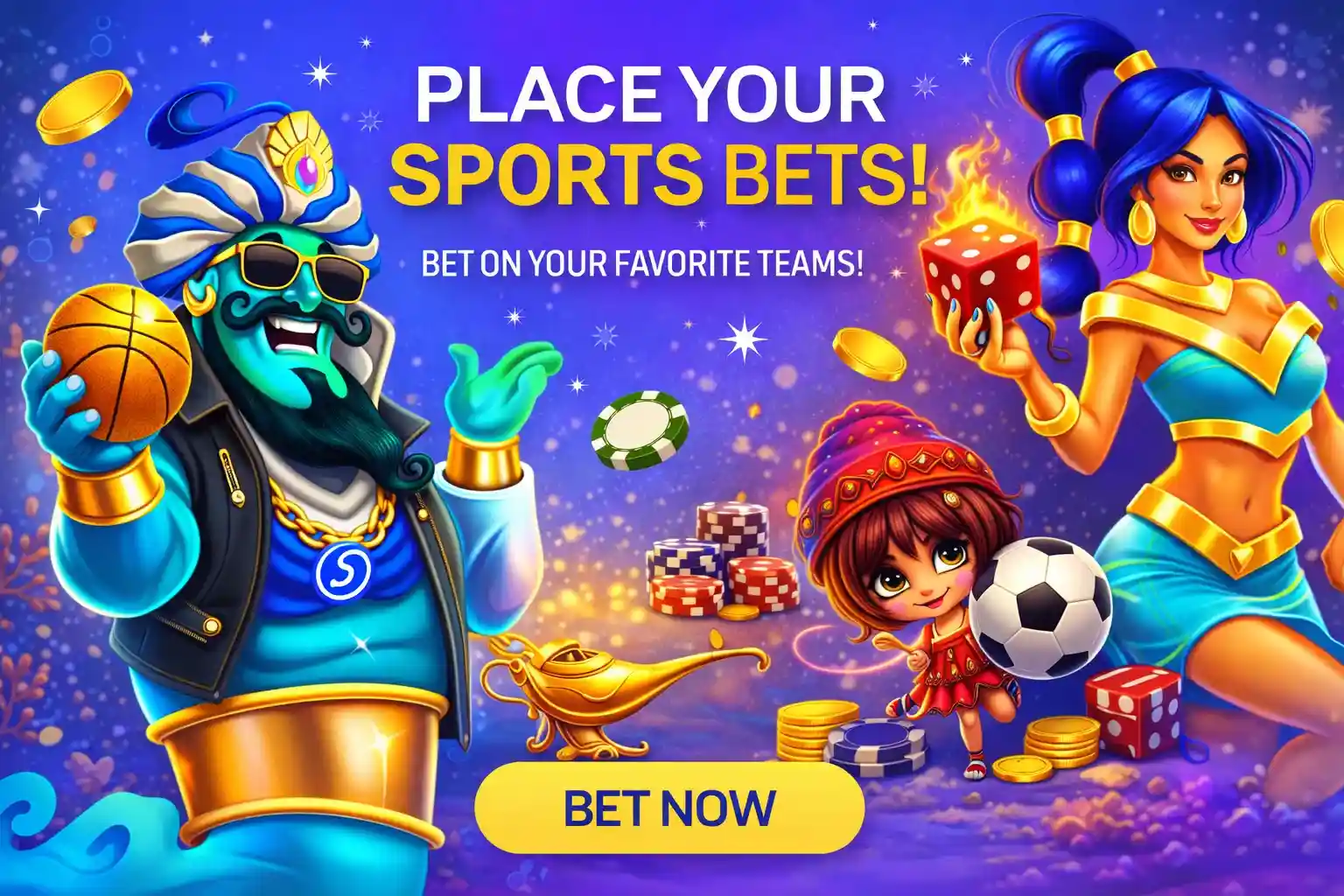 Genie and princess promoting sports betting with football, basketball and casino chips